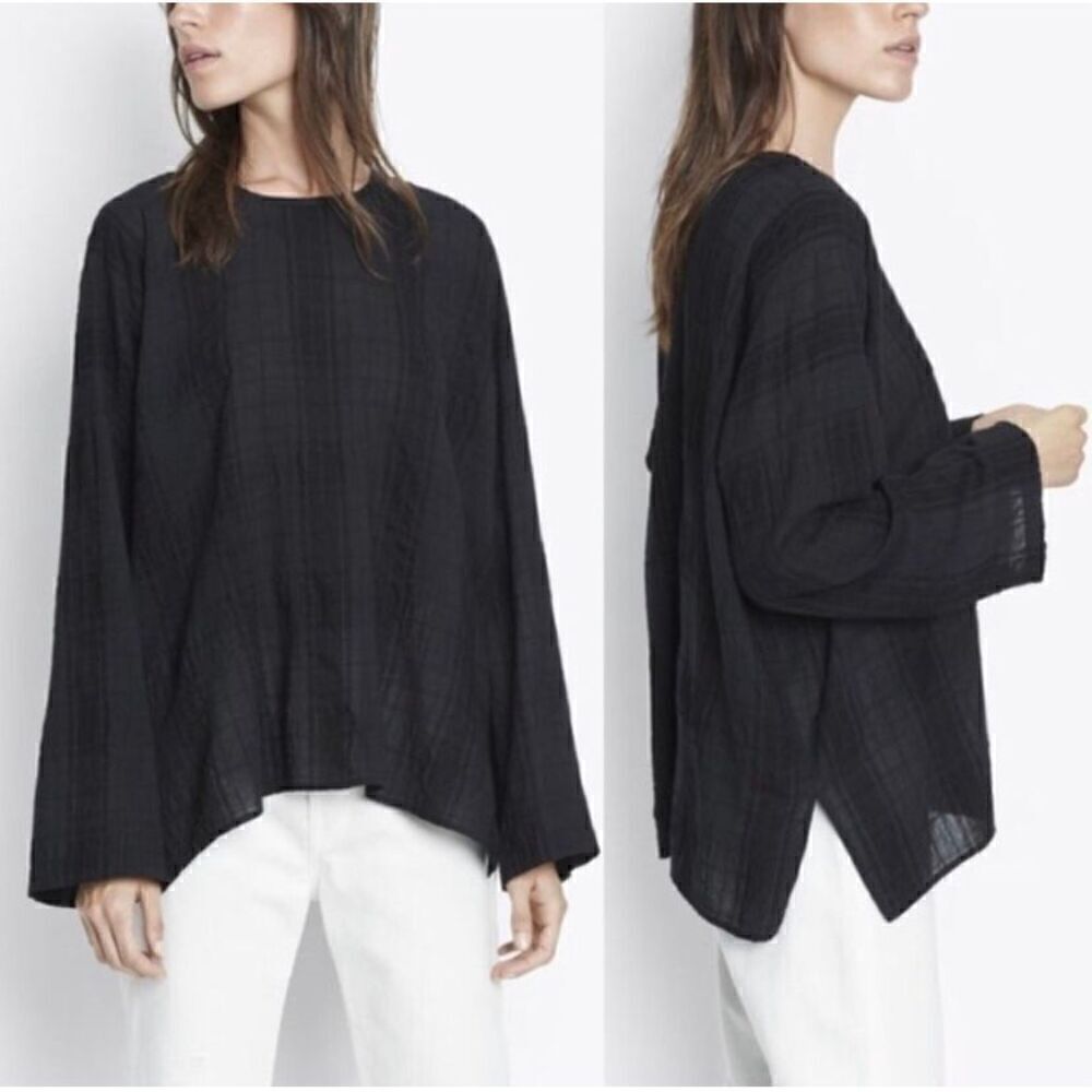 VINCE Black Shadow Plaid Drapey Easy Top